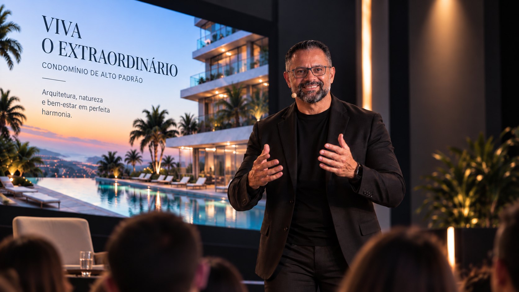 Yvan Nunes apresentando um condomínio de alto padrão para uma plateia