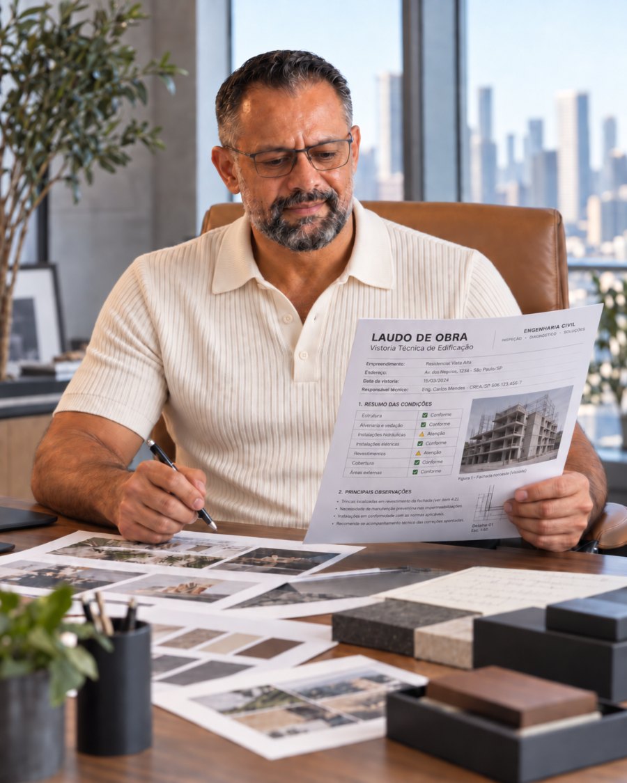 Yvan Nunes analisando um laudo técnico de obra em seu escritório