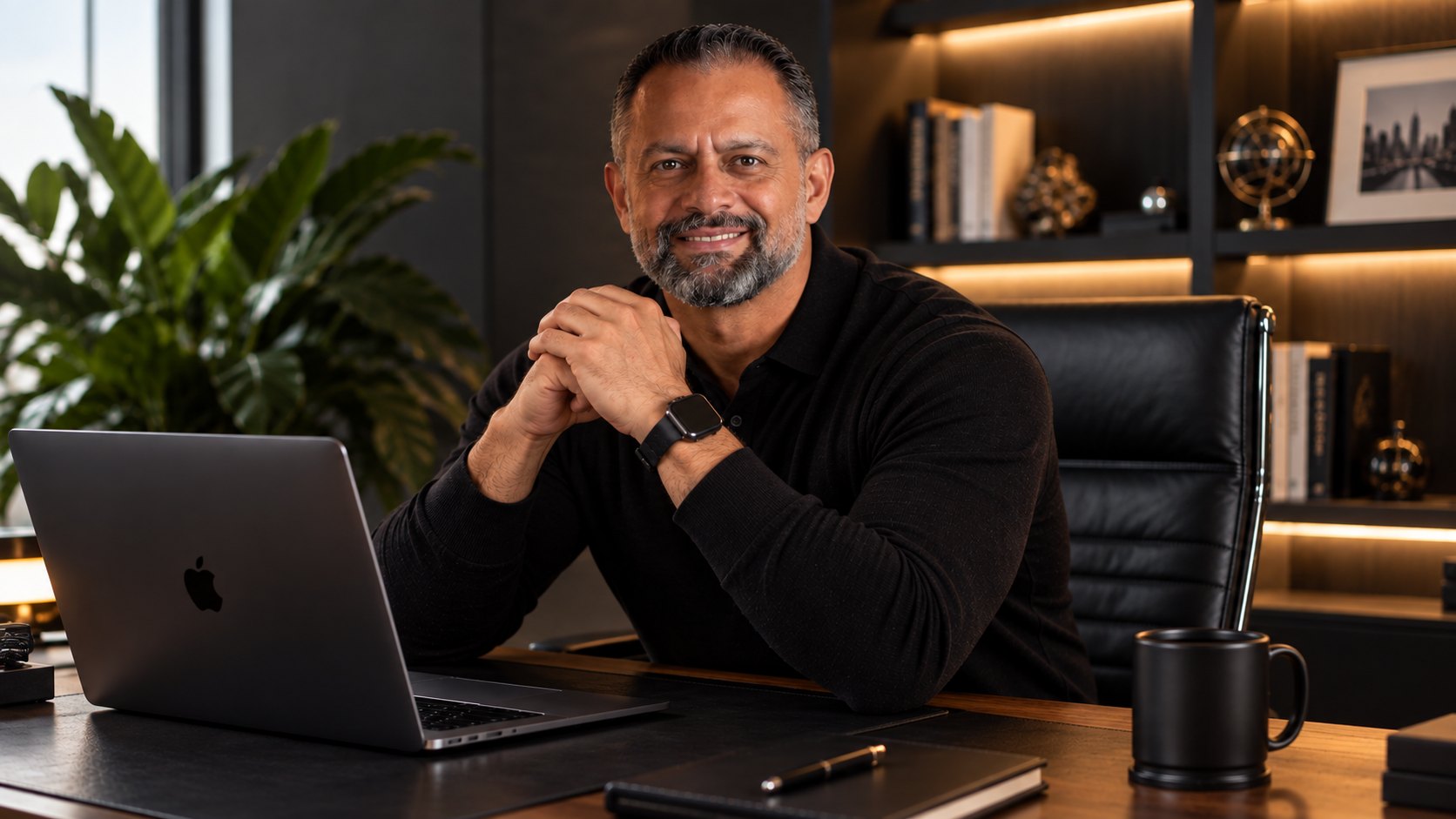 Yvan Nunes, consultor de negócios, sorrindo à mesa do escritório